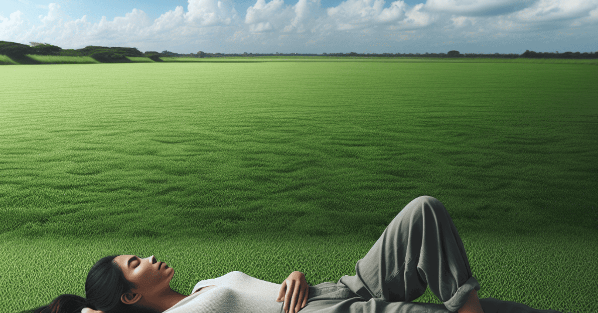 Peaceful woman resting outdoors on lush green grass with blue sky and clouds in the background.
