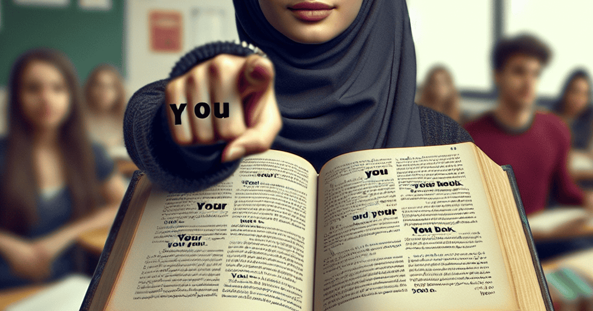 Young woman pointing at the camera, holding an open book with "you" words, in a classroom setting.