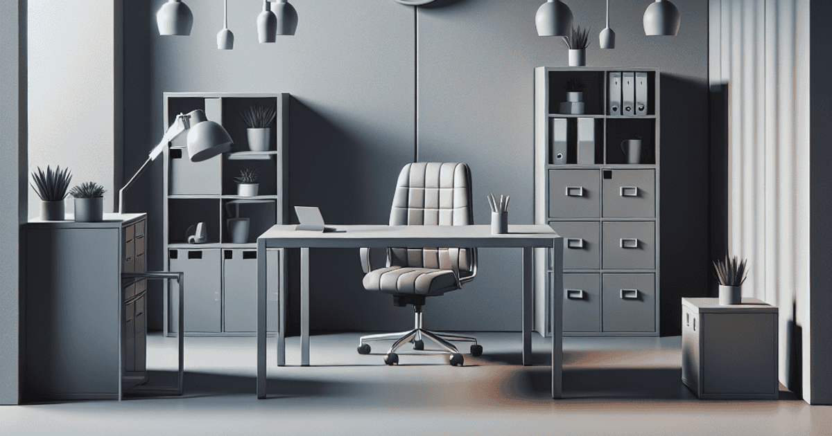 Stylish and organized office with desk, chair, shelves, and lighting for efficient work.