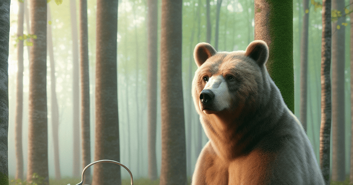 Realistic bear sitting in a forest with a classic alarm clock, symbolizing time management and focus, suitable for SEO on word count tools.