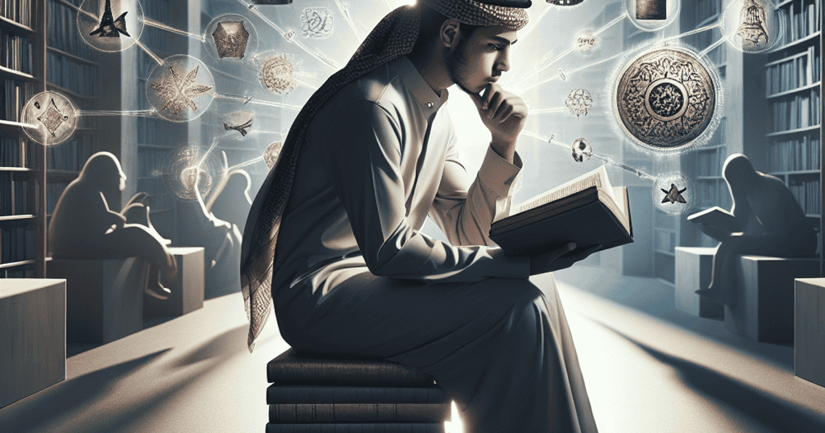 Digital art of a man contemplating in a library filled with Islamic symbols and artifacts, emphasizing knowledge and culture.
