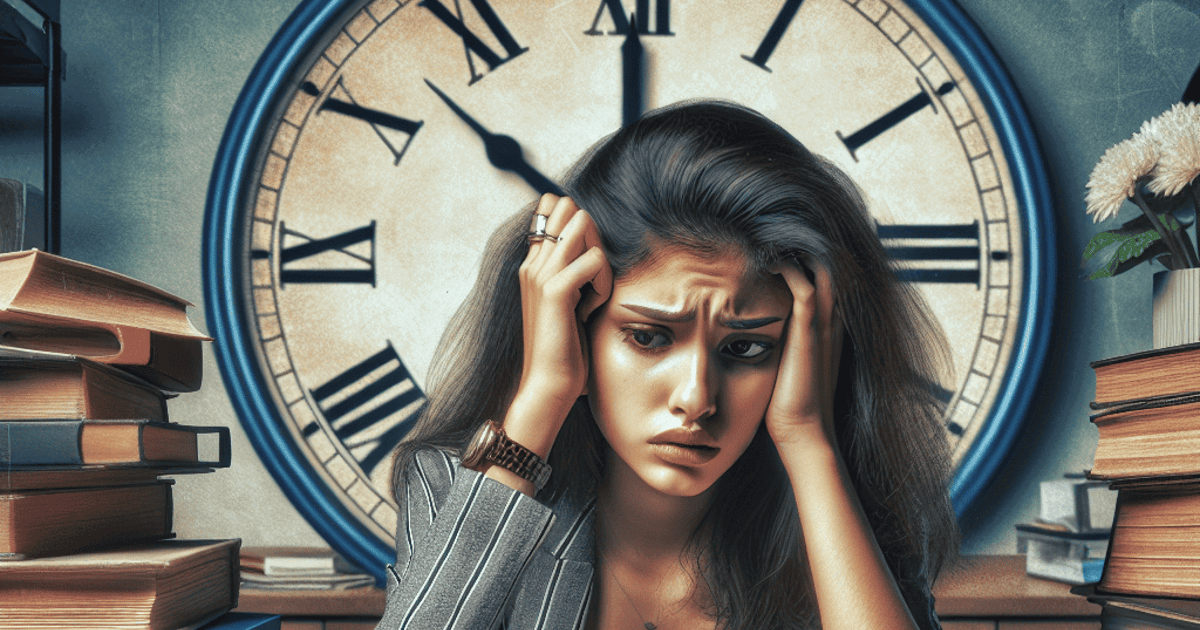 Overwhelmed woman with books and clock, stressed about deadlines and word count, in a busy workspace.