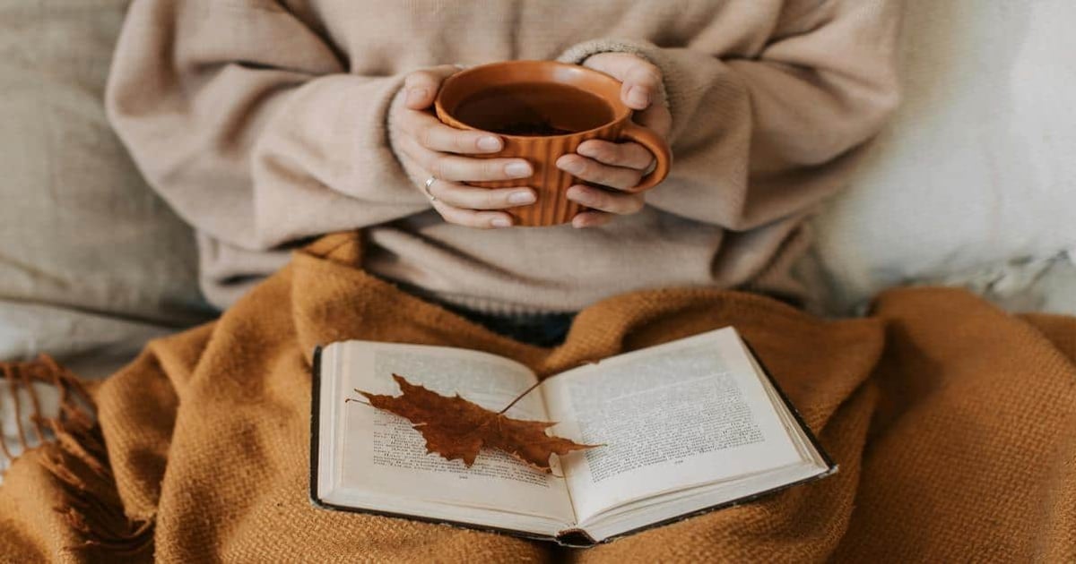 Alt: Person holding a warm beverage with open book and autumn leaf on blanket.