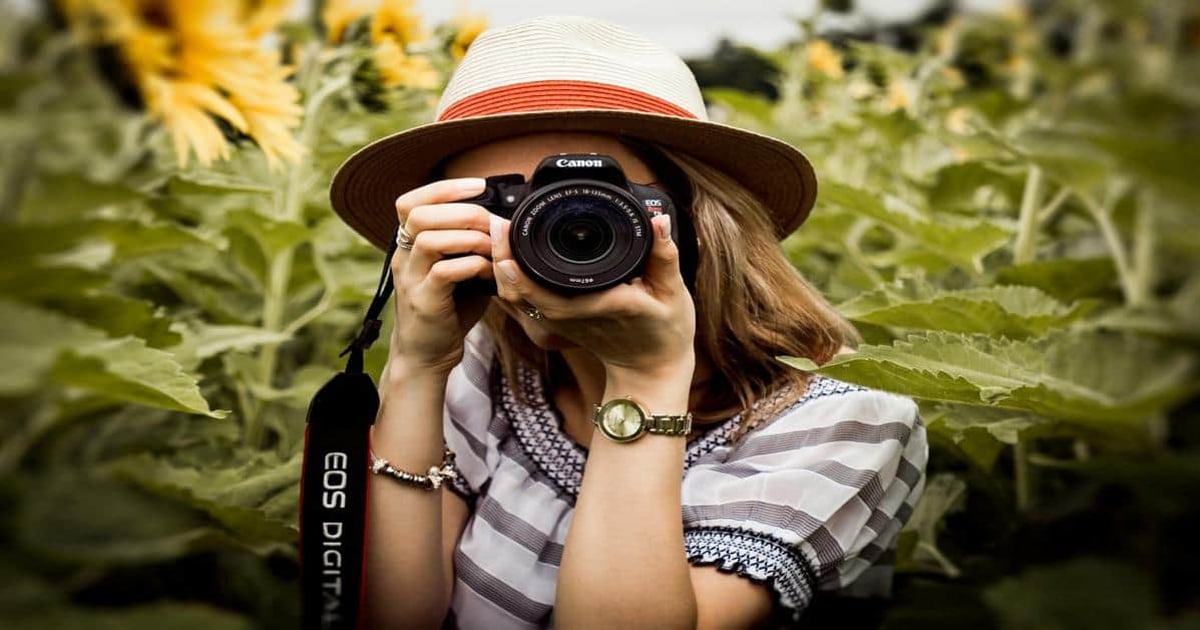 Photographer woman with camera capturing nature scene in sunflower field.