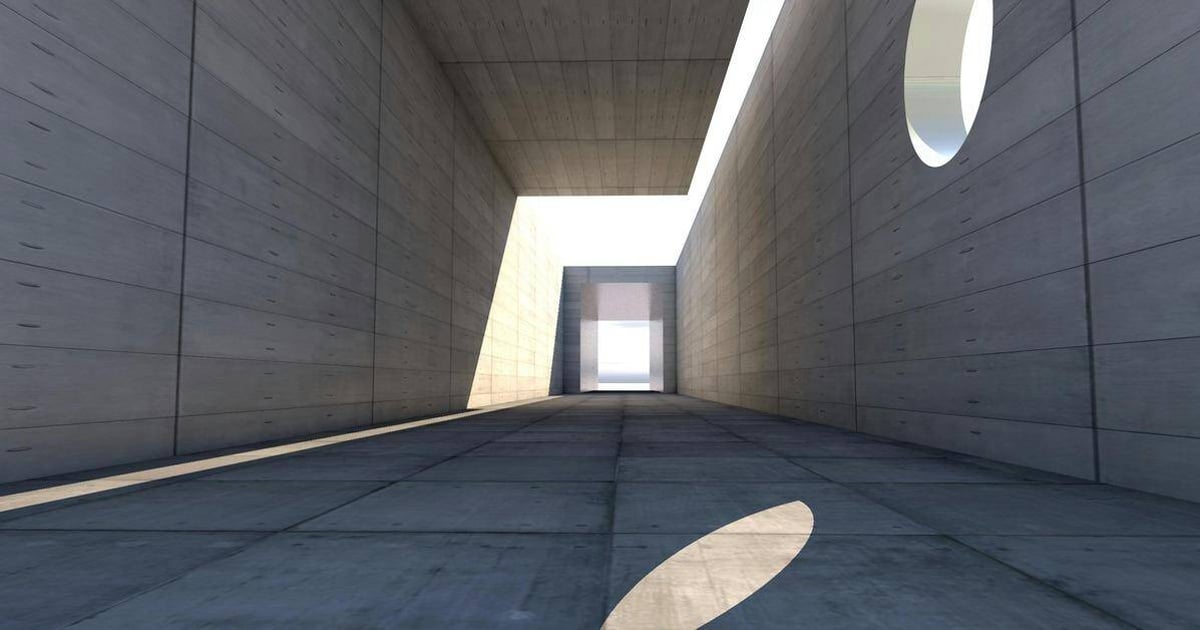 Minimalist concrete corridor with geometric lighting and open design.